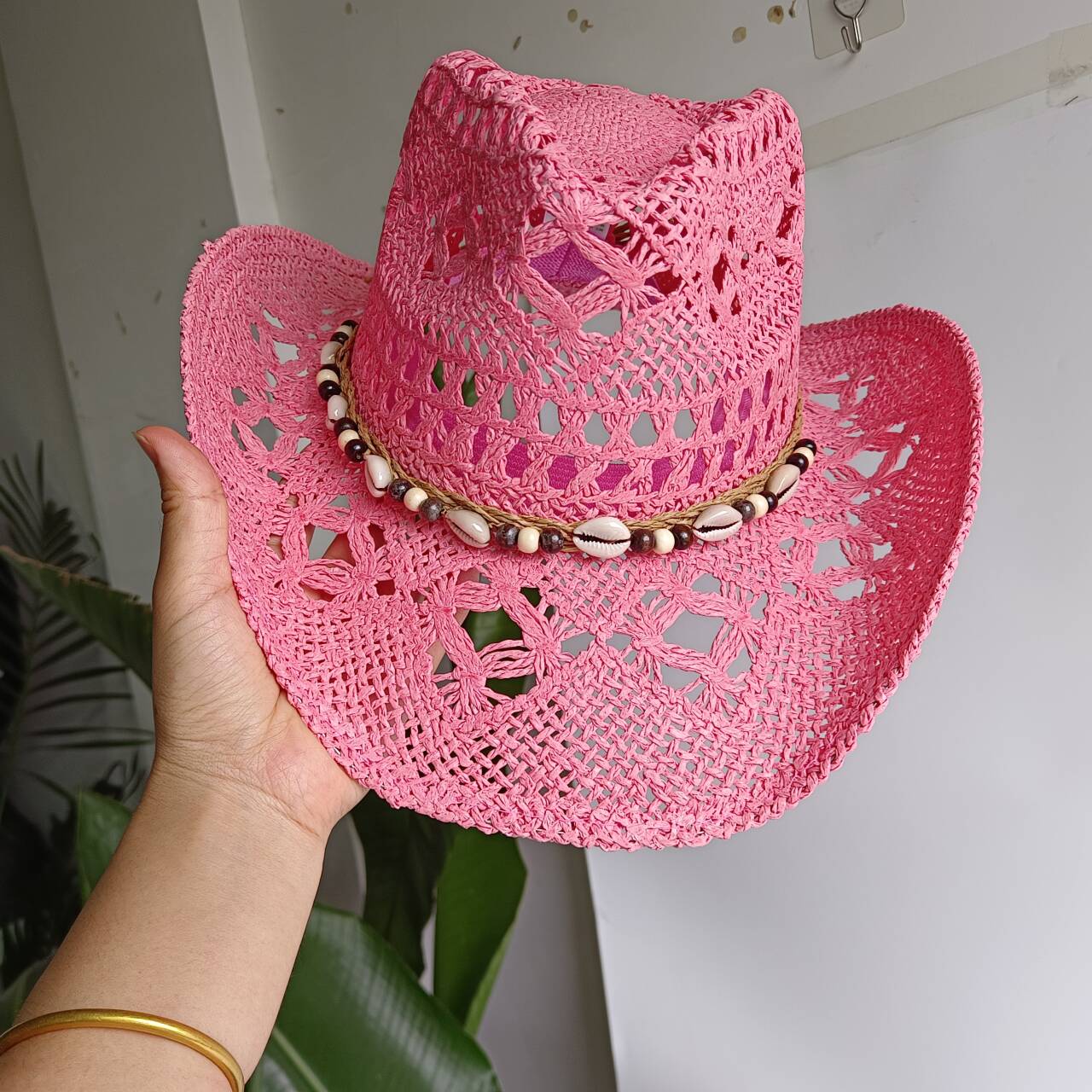 Pink Cowboy straw hat  hollow  - Paper Straw Color 评论和价格
